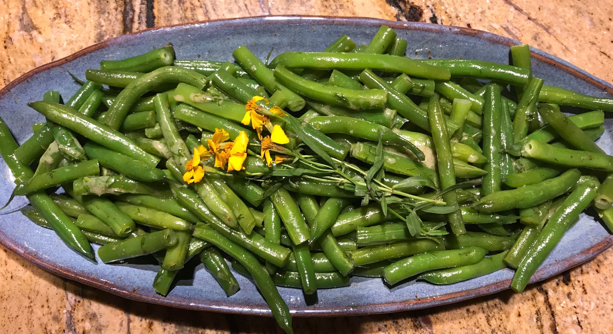 Green beans with mustardtarragon dressing cooking from the garden!