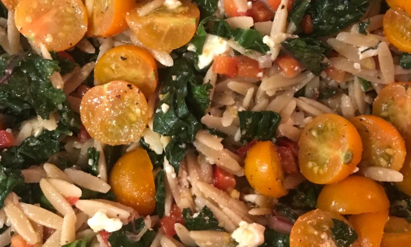 Orzo salad with kale, feta cheese and golden cherry tomatoes